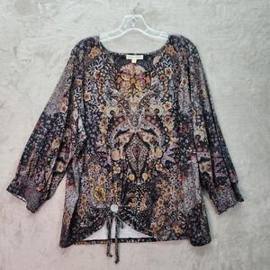 Farmers Market Womens 2X Black Floral Print Tie Front Long Sleeve Shirt Blouse